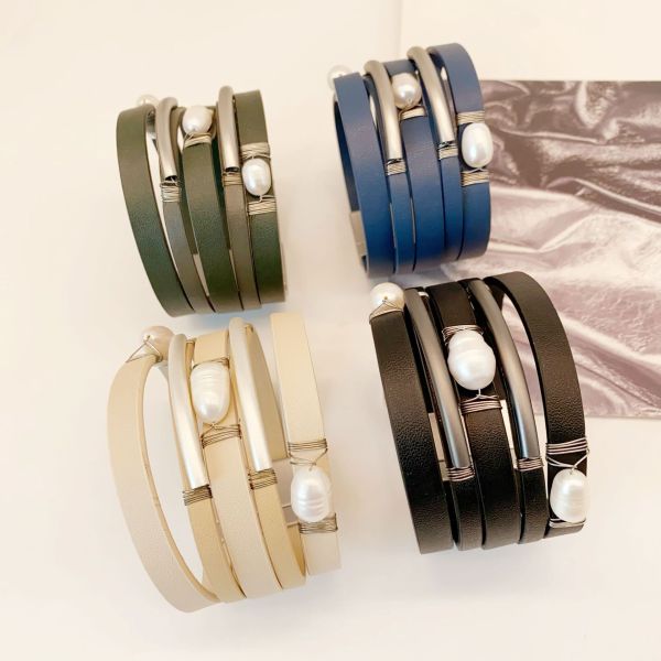 PU leather magnetic buckle freshwater pearl curved pipe bracelet