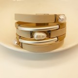 PU leather magnetic buckle freshwater pearl curved pipe bracelet