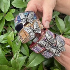 Vintage Metal Butterfly PU Leather Magnetic Buckle Bracelet
