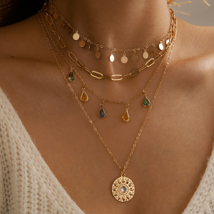 Geometric circular tassel 4-layer necklace