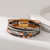 Bohemian style leather multi-layer leaf magnetic buckle bracelet