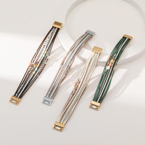 Bohemian style leather multi-layer leaf magnetic buckle bracelet