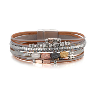 Bohemian style leather multi-layer leaf magnetic buckle bracelet
