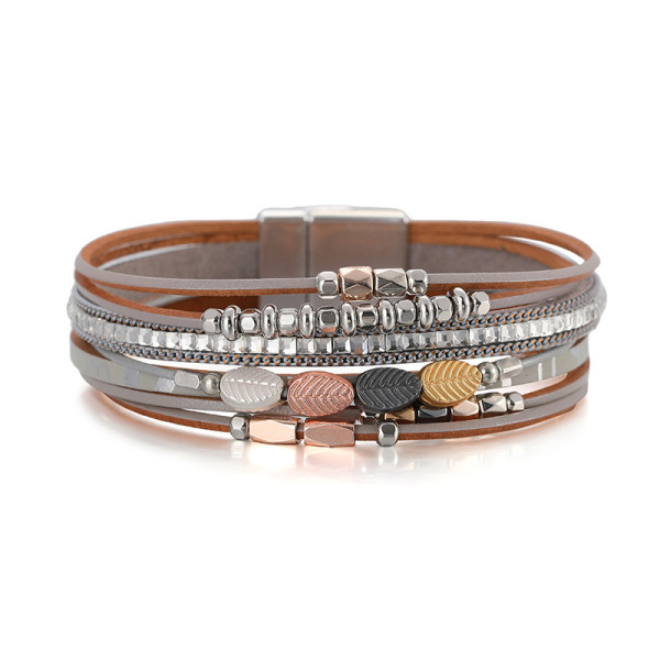 Bohemian style leather multi-layer leaf magnetic buckle bracelet