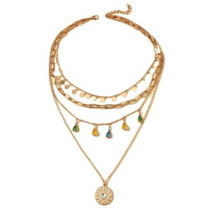 Geometric circular tassel 4-layer necklace