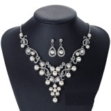 Alloy Pearl Water Diamond Wedding Party Earring Necklace Set
