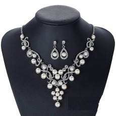 Alloy Pearl Water Diamond Wedding Party Earring Necklace Set