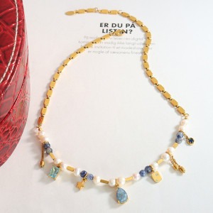 Stainless steel natural stone pearl pendant necklace