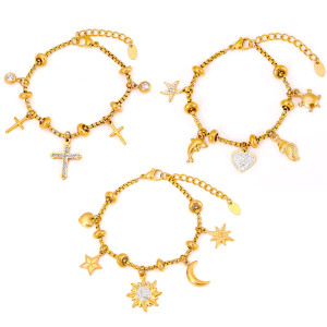 Stainless steel cross love dolphin flower pendant with diamond bracelet