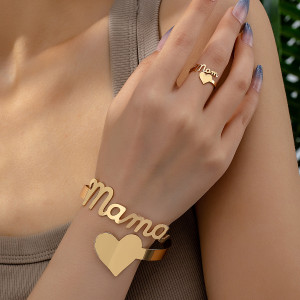 Metal Letter Love MAMA Open Bracelet Ring Set Mother's Day Gift