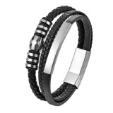 21CM Stainless steel cross genuine leather rope woven bracelet