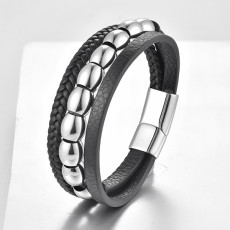 21CM Stainless steel genuine leather rope woven bracelet