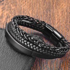 21CM Stainless steel genuine leather rope woven bracelet