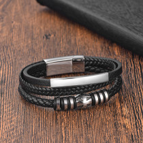 21CM Stainless steel cross genuine leather rope woven bracelet