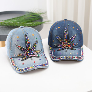 Fashionable rhinestone shiny cross love curved brim denim baseball cap casual sun shading duckbill cap