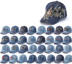 Fashionable rhinestone shiny cross love curved brim denim baseball cap casual sun shading duckbill cap