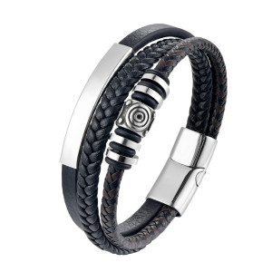21CM stainless steel  genuine leather rope woven bracelet