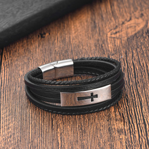 21CM Stainless steel cross genuine leather rope woven bracelet