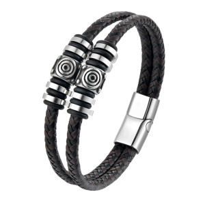 21CM stainless steel  genuine leather rope woven bracelet
