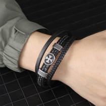 21CM cross stainless steel  genuine leather rope woven bracelet