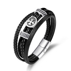 21CM cross stainless steel  genuine leather rope woven bracelet