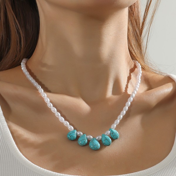 Bohemian vacation feng shui turquoise pendant pearl necklace