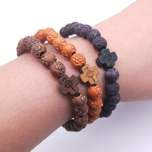 Imitation wood rose bead cross bracelet