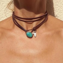 Bohemian turquoise leather layered necklace