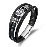 21CM Six pointed star stainless steel  genuine leather rope woven bracelet