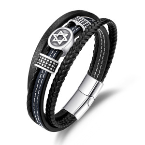 21CM Six pointed star stainless steel  genuine leather rope woven bracelet