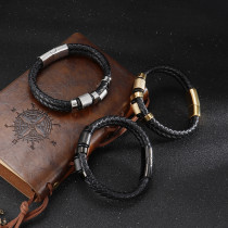 21CM stainless steel  genuine leather rope woven bracelet