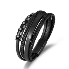 21CM stainless steel  genuine leather rope woven bracelet