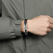 21CM cross stainless steel  genuine leather rope woven bracelet