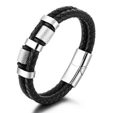 21CM stainless steel  genuine leather rope woven bracelet