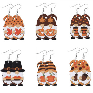 Autumn Thanksgiving Pumpkin Maple Leaf Cute Dwarf Pendant Earrings Wooden Double sided Earrings