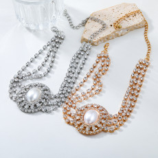 Super Flash Multi Layer Water Diamond Oval Pearl Pendant Elegant Bridal Jewelry Necklace