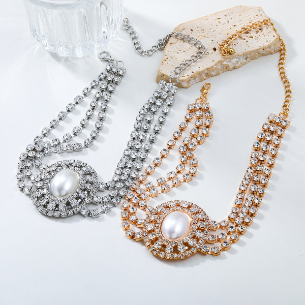 Super Flash Multi Layer Water Diamond Oval Pearl Pendant Elegant Bridal Jewelry Necklace