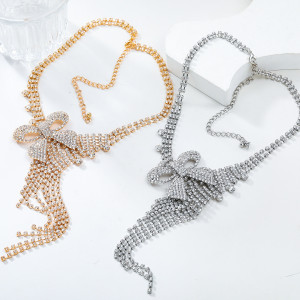 Super Sparkling Full Diamond Bow Pendant Long Tassel Banquet Necklace