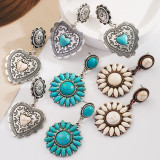 Turquoise earrings retro geometric love round earrings