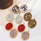 Leopard print sequined leather earrings, alloy diamond studded pearl oval earrings