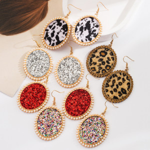 Leopard print sequined leather earrings, alloy diamond studded pearl oval earrings