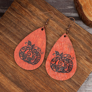 Halloween Pumpkin Head Water Drop Wooden Earrings