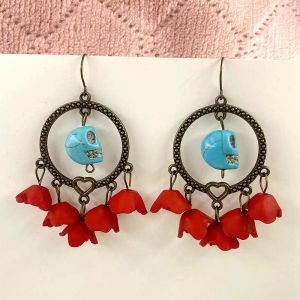 Halloween hollow metal circle love blue turquoise skull red rose earrings