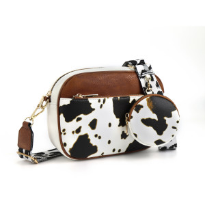 Cow pattern color blocking retro shoulder bag zipper shoulder strap crossbody bag wallet camera bag