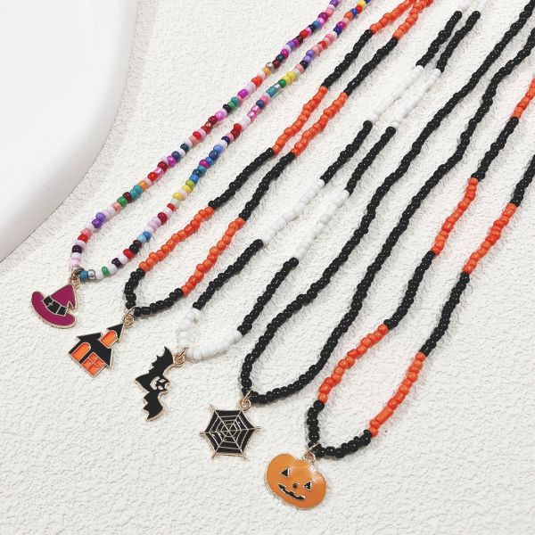 Halloween Splicing Rice Bead Pumpkin Bat Pendant Necklace