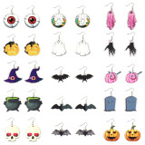 Halloween Wooden Single sided Printed Pumpkin Hole Head Ghost Bat Earrings