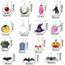 Halloween Wooden Single sided Printed Pumpkin Hole Head Ghost Bat Earrings