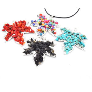 Multi colored natural crystal inlaid with crushed stone maple leaf necklace