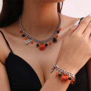Halloween Pumpkin Necklace Bracelet Spider Ghost Set