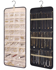 Carrying hanging jewelry storage rolls with hooks, metal double-sided jewelry storage